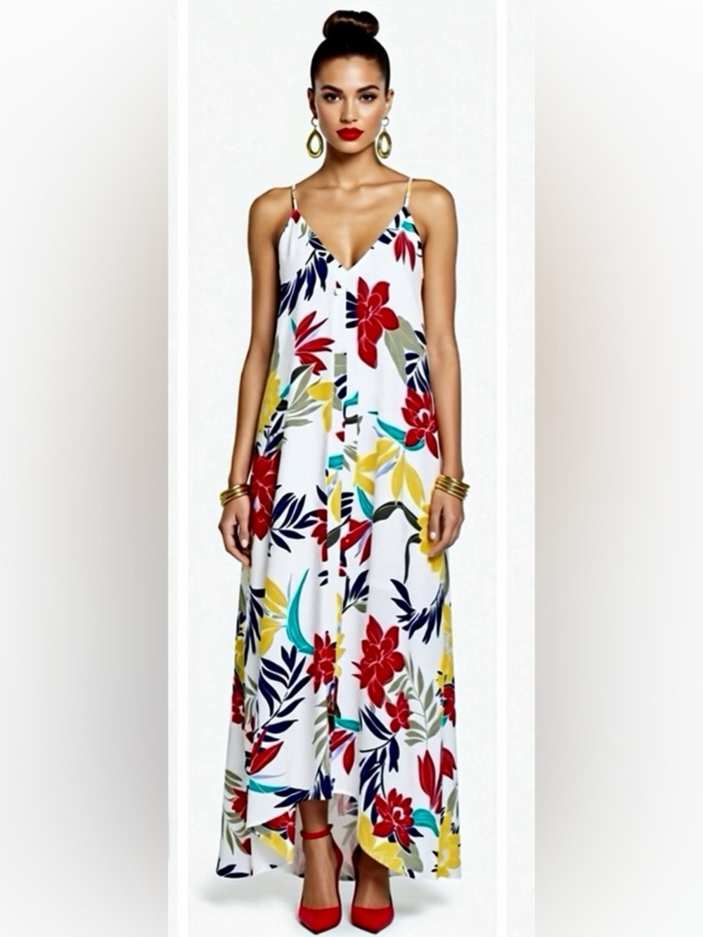 Tropical print v neck maxi dress